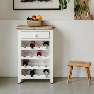White Wine Rack Side Cabinet with Drawer | Holds 16 Bottles | Solid Wood Console - Image 1 of 4