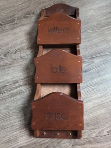 Vtg Wood Mail Organizer Wall Pockets Letters Bills 3 Slots Holder - Picture 1 of 9