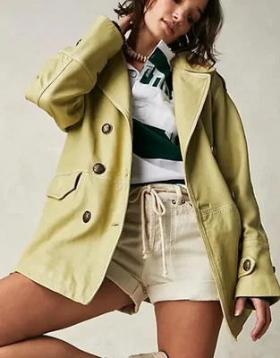 Abrigo We The Free FP Top Notch Hoja de Palma Cuero Verde Forro a Cuadros Guisante Nuevo L Foto 1 de 4