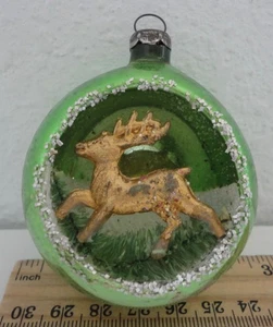Vintage Weihnachten grün Quecksilber Glas Einzug 3D Diorama Gold Rentier Ornament - Bild 1 von 2