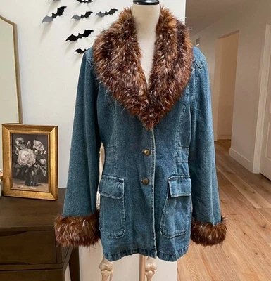 Penny Lane Vtg GIACCA Y2K Denim Jean Faux Fur Coat Jacket L Hippie Baby Girl - Image 1 of 4