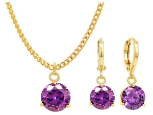 Echt 18K Gelbgold Tropfen Lila Schmuckset Deep Purple Rund Edelstein Geschenktüte - Bild 1 von 6