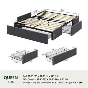 Upholstered Bed with Underbed 3 Storage Drawers, Large Storage Space, Full/Queen - Picture 1 of 4