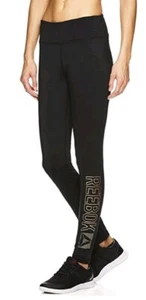 NWT $70 Reebok Women's Leggings Performance Compression Pants Pop Nouveau BLACK - Picture 1 of 6