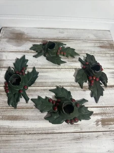 1921 Cast Iron Christmas Candle Holders Holly Leaf Berries Antique Vintage Decor - Picture 1 of 5