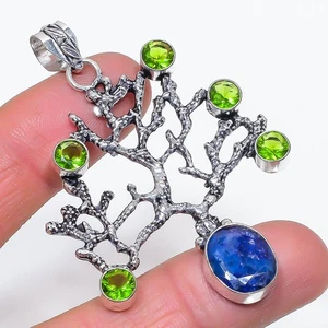 Sapphire(Simulated), Peridot Gemstone 925 Sterling Silver Pendant 2.56" W737 - Picture 1 of 2