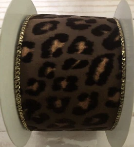 Hellbraun & braun Samt Leopardenmuster Punkte Gold Drahtkante 2,5" Band 3 Yards + 24" - Bild 1 von 6