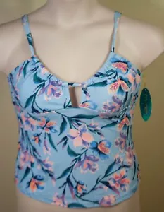 Mynah Ladies Light Blue Iris Floral Print Tankini Top Swimwear MSRP $40 Pic Size - Picture 1 of 2