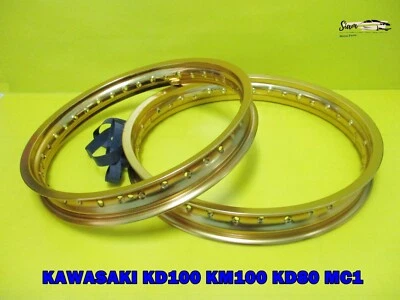 KAWASAKI KD100 KM100 KD80 MC1   F & R ALUMINIUM GOLD WHEEL RIM SET  **si1349** Foto 1 de 4