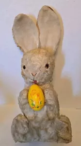 Sweet Vintage Bunny Rabbit Holding Plastic Easter Egg Rattle, Glass Eyes 13" - Picture 1 of 10