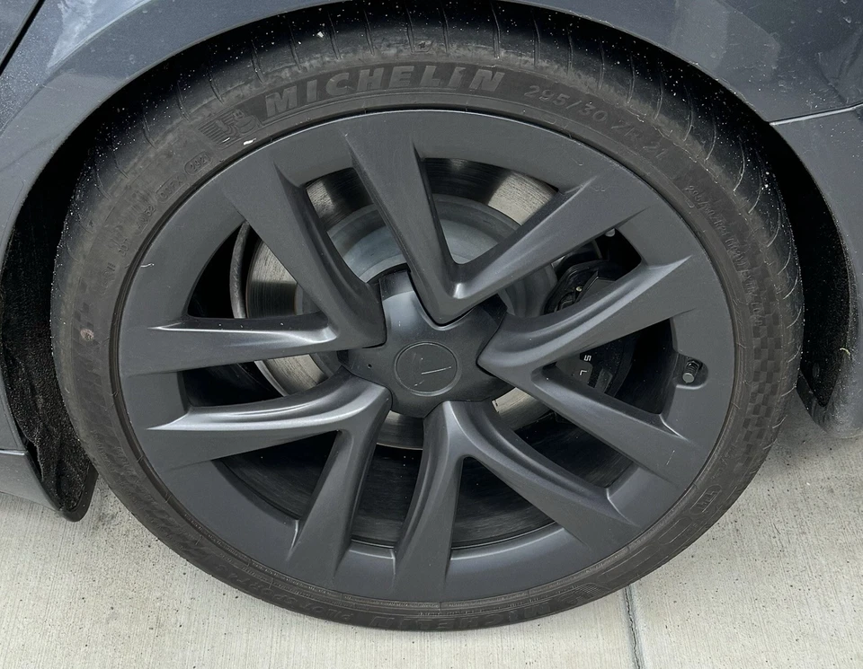 4 OEM 2021 21” TESLA MODEL S PLAID ORIGINAL ARACHNID WHEELS TIRES MICHELIN TPMS - Image 1 of 4