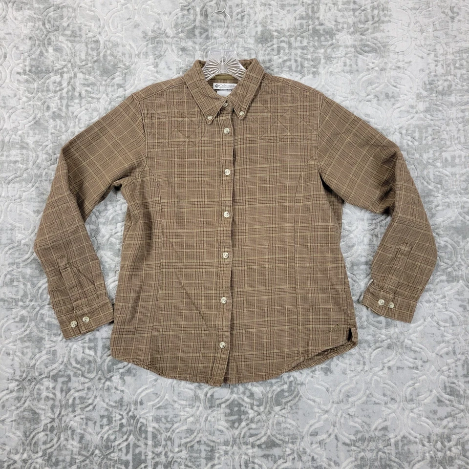 Camisa Columbia River Resort Mujer M Marrón A Cuadros Acolchada Hombros Codos Franela Foto 1 de 4