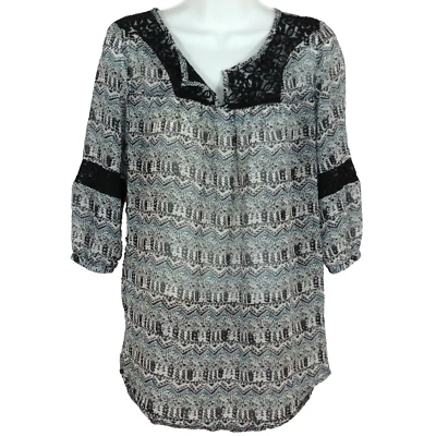 Blusa túnica mujer Mossimo talla XS geométrica con cordones cuello en V manga 3/4 multicolor Foto 1 de 4