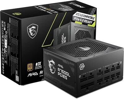 (Reacondicionado de fábrica) MSI MAG A750GL PCIE 5.0 80 DORADO FUENTE DE ALIMENTACIÓN para juegos totalmente modular Foto 1 de 4