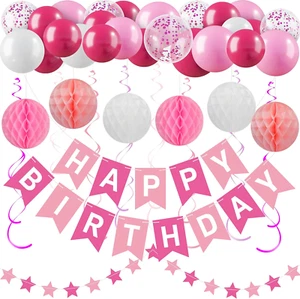 Pink Happy Birthday Decorations Kit for Women Girls Kids, Pre-Strung Birthday Ba - Picture 1 of 25