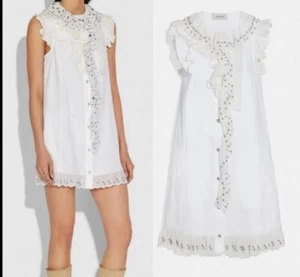 Vestido de algodón a presión con volantes tachonados blancos Coach 1941 nuevo sin usar - Imagen 1 de 8
