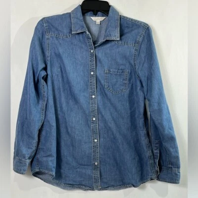 Charming Charlie Women’s Denim Blue Blouse Long Sleeves Snap Button Down Sz L - Image 1 of 4
