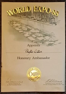 Very NIce PHYLLIS DILLER World Expo '88 Honorary Ambassador Award - Picture 1 of 1
