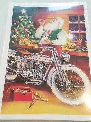 PAUL OXMAN HARLEY DAVIDSON CHRISTMAS CARDS #X611 SANTA BIKER WORKING ON HIS PANHEAD (10)