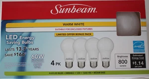 Sunbeam (4-PACK) Dimmable 9.5 Watt (60W) LED Light Bulbs - 3000K Warm White A19 - Picture 1 of 3
