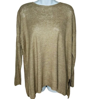 Túnica Eileen Fisher linho orgânico tamanho P bronzeada L/S com nervuras Dolman Longline - Imagem 1 de 4