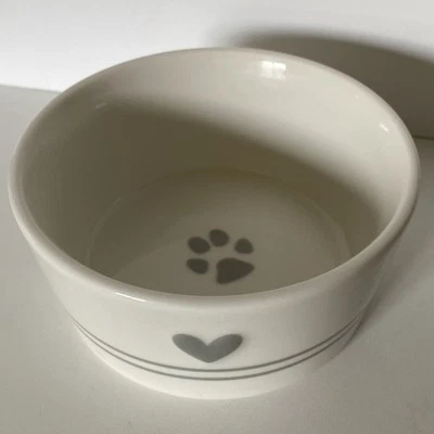 Tigela de comida cerâmica Teacup's Diner branco cinza estampas de pata gato cachorro 4,75” em excelente estado usado - Imagem 1 de 4