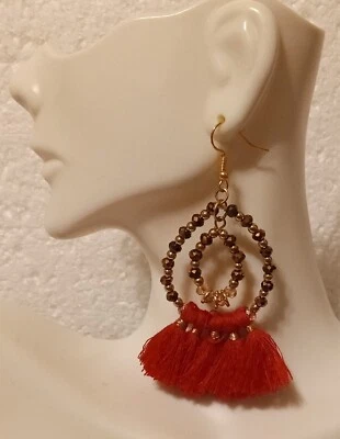Vibrant Red Crystal-Color Beaded Fringe Hoop Earrings - 2.75” with Hook - Image 1 of 3