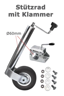 Anhängerstützrad 300 kg Ø 60 mm + Klemmhalter Klemmschelle + Schraubensatz - Bild 1 von 4