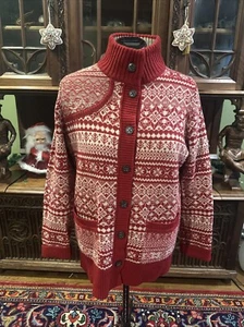 Vintage Eddie Bauer Damen XLT Fair Isle rot creme Lammwolle Strickjacke Pullover - Bild 1 von 7
