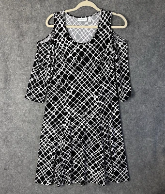 Susan Graver Dress Women's XS Black White Liquid Knit Cold Shoulder 3/4 Sleeves - Image 1 of 4