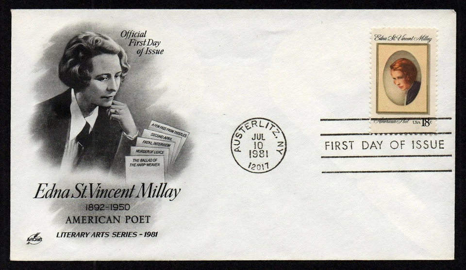 USA, SCOTT # 1926, ARTCRAFT FDC COVER - POET EDNA ST. VINCENT MILLAY, YEAR 1981 - Image 1 of 1