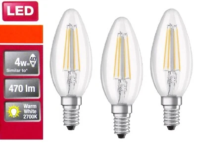 Osram 3 Pack 4W Candle LED Bulb E14 Screw Base Globe Clear Warm White 2700K - Image 1 of 4