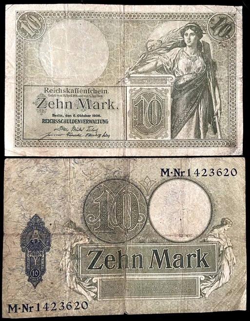 Authentic Historical Germany Germany 10 Mark 1906 Banknote - 116 Years Old - Image 1 of 1