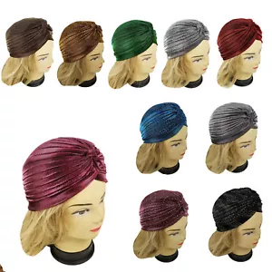 Nuovo colore metallico elastico turbante fascia chemio plissettato indiano cappuccio - Foto 1 di 21