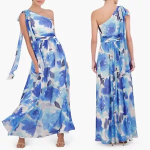 NEW ELIZA J Blue & White CHIFFON Floral BLOOMS Bow ONE SHOULDER Spring GOWN 2 - Picture 1 of 12