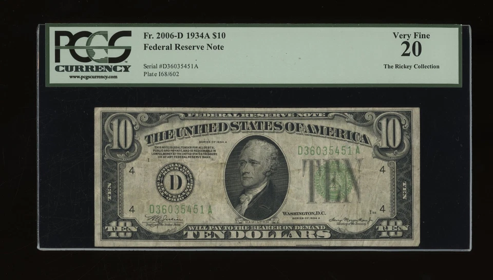 DBR 1934-A $10 FRN Cleveland Fr. 2006-D PCGS VF-20 Serial D36035451A - Image 1 of 2