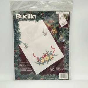 Vintage 1995 Bucilla Stamped Cross Stitch Table Runner Christmas Rose 14x44 NOS - Picture 1 of 6