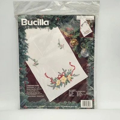 Vintage 1995 Bucilla Stamped Cross Stitch Table Runner Christmas Rose 14x44 NOS - Image 1 of 4