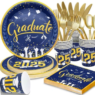 Decoraciones de graduación 2025: platos y servilletas de oro azul para 24 invitados Foto 1 de 4
