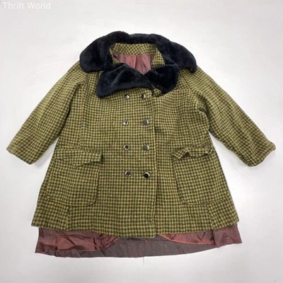 Abrigo de lana pata de gallo verde vintage años 70 cuello de piel sintética doble pecho Foto 1 de 4