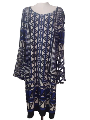 INC XL Dress Black Blue White Geometric Pattern Crisscross Fairy Flared Sleeves - Image 1 of 4