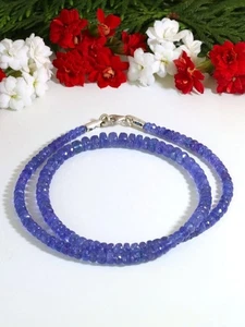 Natural Blue Tanzanite Faceted Rondelle Gemstone 3-4MM Women Beaded Necklace 18" - Picture 1 of 10