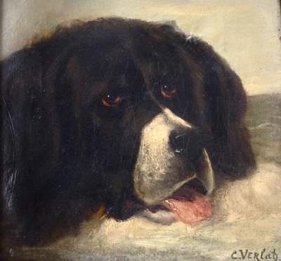 Tableau ancien, XIXe, HST, Chien Terre-Neuve, Charles Verlat (Anvers 1824-1890) - Photo 1/4