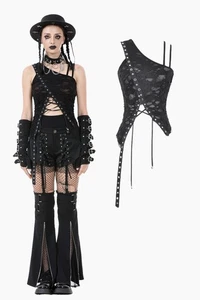 Dark In Love Women Black Gothic Punk Asymmetrical Ripped Punk Sleeveless Tops - Picture 1 of 19