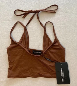 Top donna PrettyLittleThing cropped 4 marroni con spalline a spalline collo alto nuovo con etichette - Foto 1 di 6