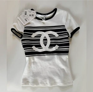 NWT CHANEL Black White Interlocking CC Logo Tee With Cut Out Back Size 34 / XS - Picture 1 of 7