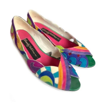 Beverly Feldman De Colección Años 80/90 Puntera Abierta Multicolor Cuero y Gamuza Planos 7M Foto 1 de 4