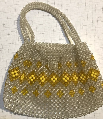 🔥Vintage 50s All Glass Bead Purse Grey/Yellow Bead Handbag Beaded Rockabilly - Image 1 of 4