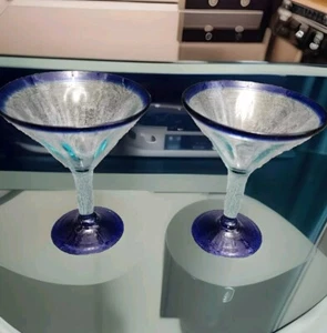 2 Pc. Margarita/Martini Glass 6.6" High Clear With Blue Base And Rim - Picture 1 of 7