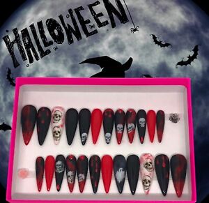 Handmade Press On Nails Long Stiletto Shape UV Gel Halloween Nails Blood Skulls